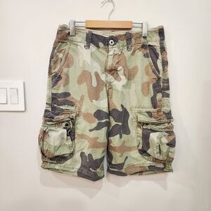 American Eagle Shorts Men 32 Green Camo Cargo Baggy Ripstop Longboard 12" Inseam